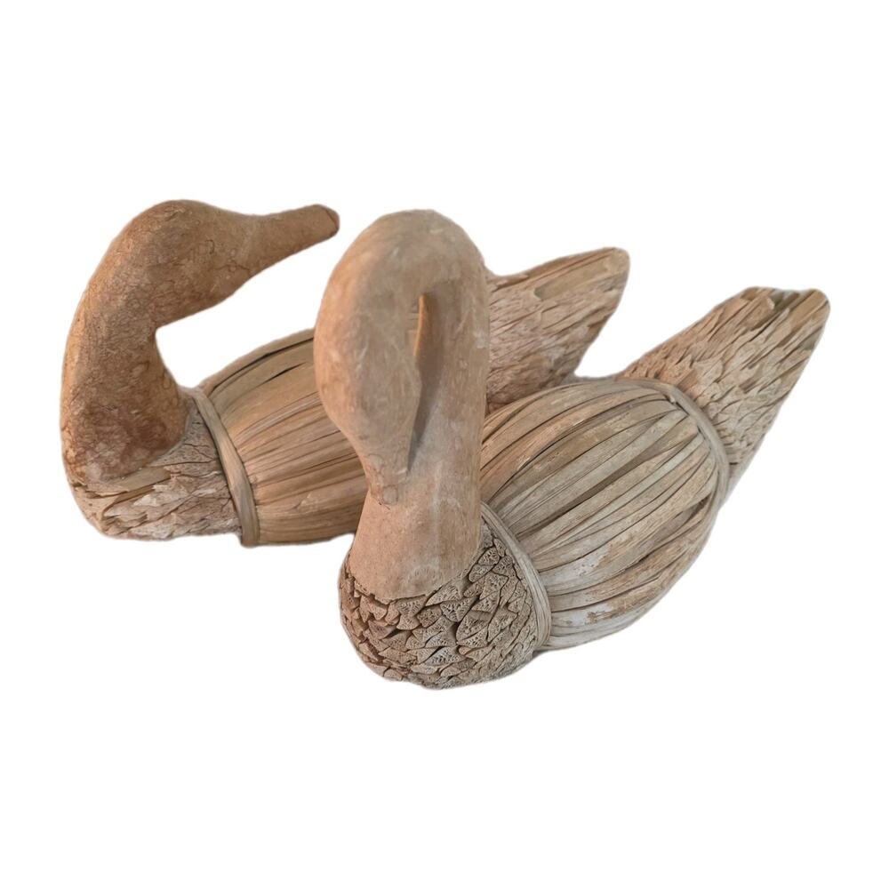 Vintage Wooden Reed Ducks Hand Carved Set of 2 Woodsy Nursery Man Cave Decor